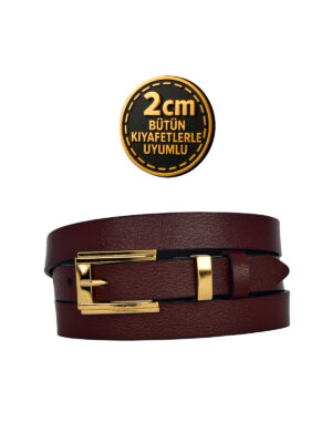 %100 Hakiki Deri Gold Renk Takım Köprülü Bordo Kadın Kemeri 2cm Bütün Kıyafetlere Uyar_BYK-gold