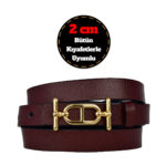 %100 Hakiki Deri, Gold Renk Tokalı İnce 2 cm Bordo Kadın Elbise, Pantolon Kemeri; tt+tt