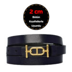 %100 Hakiki Deri, Gold Renk Tokalı İnce 2 cm Lacivert Kadın Elbise, Pantolon Kemeri; tt+tt