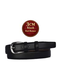 Hakiki Deri, 3 cm Siyah Nikel Renk Tokalı, Siyah, Dikişli Klasik Kadın Kemeri, 3cmkla30