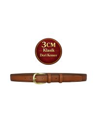Hakiki Deri, 3 cm Gold Renk Tokalı, Taba, Dikişli Klasik Kadın Kemeri, 3cmkla31