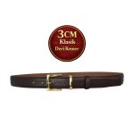 Hakiki Deri, 3 cm Gold Renk Takım Tokalı, Koyu Kahverengi, Dikişli Klasik Kadın Kemeri, 3cmkla47