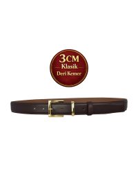 Hakiki Deri, 3 cm Gold Renk Takım Tokalı, Koyu Kahverengi, Dikişli Klasik Kadın Kemeri, 3cmkla47