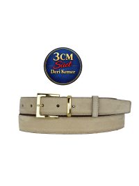 Hakiki Deri, 3 cm Gold Renk Takım Tokalı, Krem Süet, Dikişli Klasik Kadın Kemeri, 3cmkla47