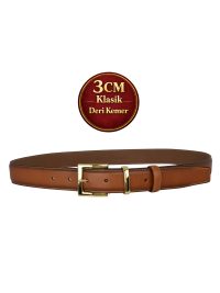 Hakiki Deri, 3 cm Gold Renk Takım Tokalı, Taba, Dikişli Klasik Kadın Kemeri, 3cmkla47