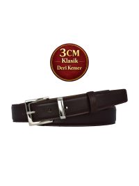 Hakiki Deri, 3 cm Gümüş Renk Takım Tokalı, Koyu Kahverengi, Dikişli Klasik Kadın Kemeri, 3cmkla48