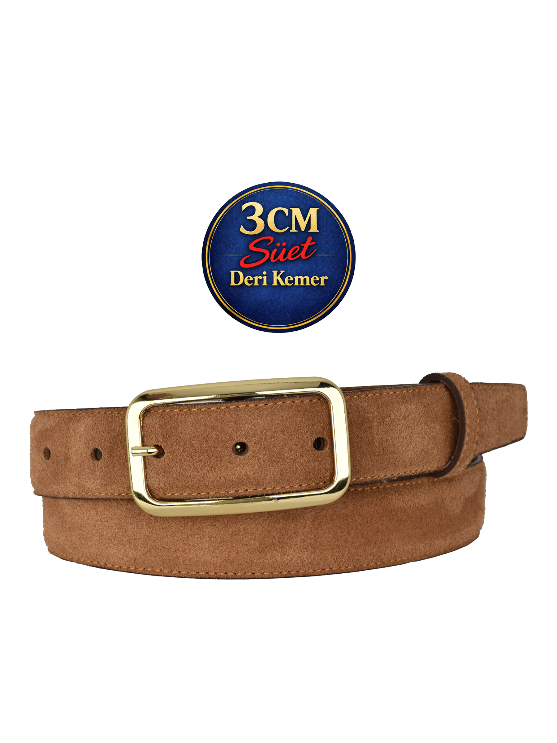 Hakiki Deri, 3 cm Gold Renk Tokalı, Tarçın Süet, Dikişli Klasik Kadın Kemeri, 3cmkla50
