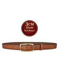 Hakiki Deri, 3 cm Gold Renk Tokalı, Taba, Dikişli Klasik Kadın Kemeri, 3cmkla50
