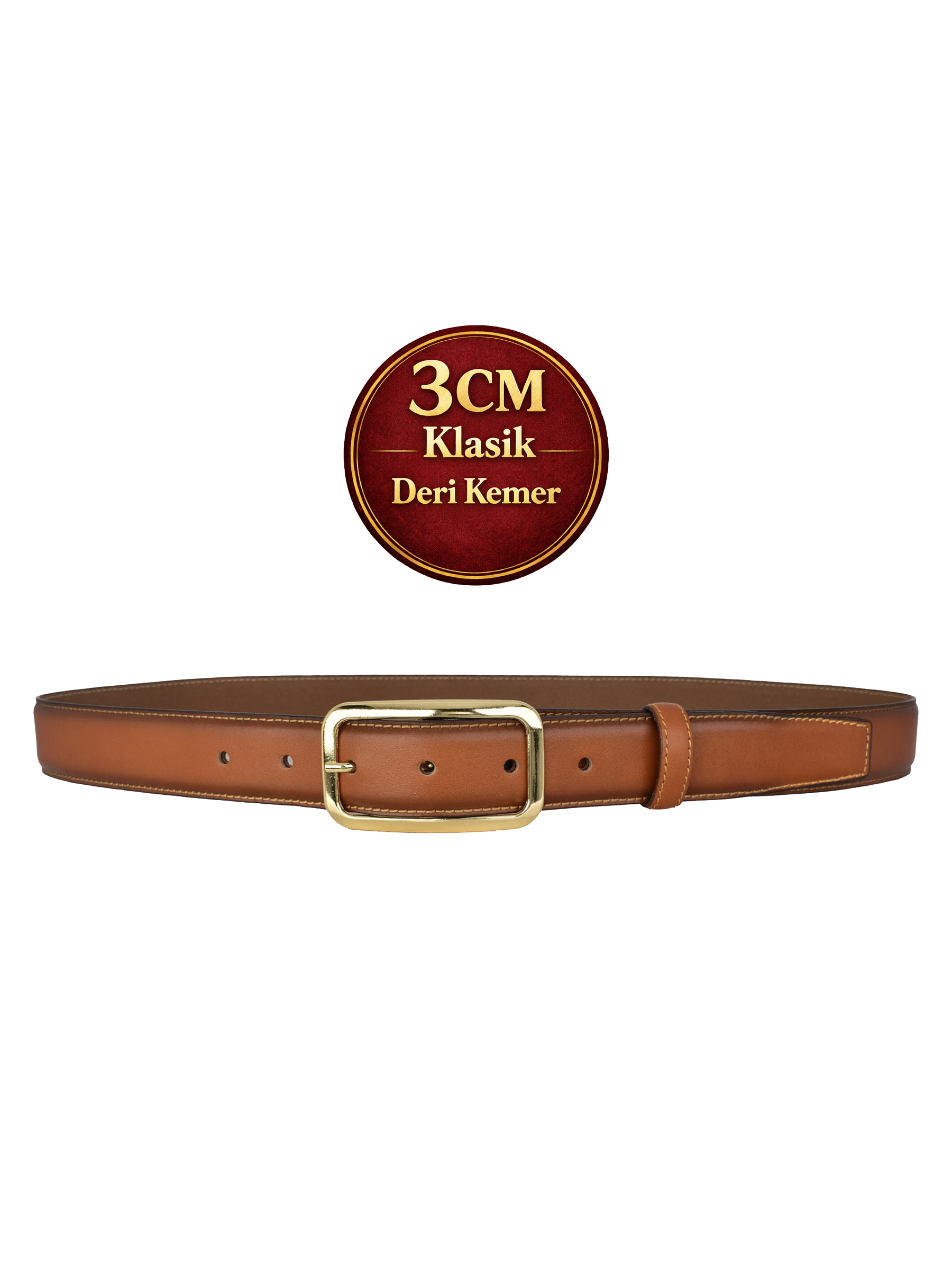 Hakiki Deri, 3 cm Gold Renk Tokalı, Taba, Dikişli Klasik Kadın Kemeri, 3cmkla50